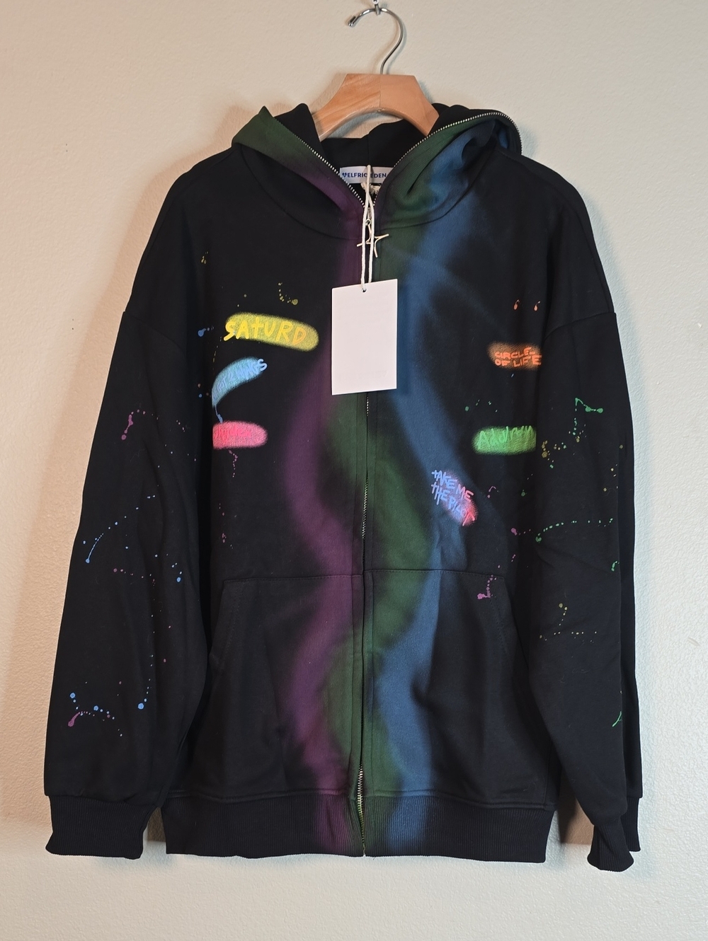Aelfric Eden Rainbow Graffiti Black Hoodie with Neon Spray Accents Size M NWT.